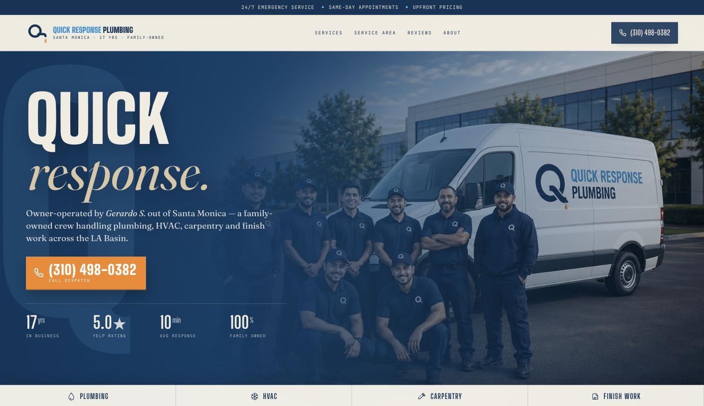 Quick Response Plumbing, a website generated by Jimmy AI