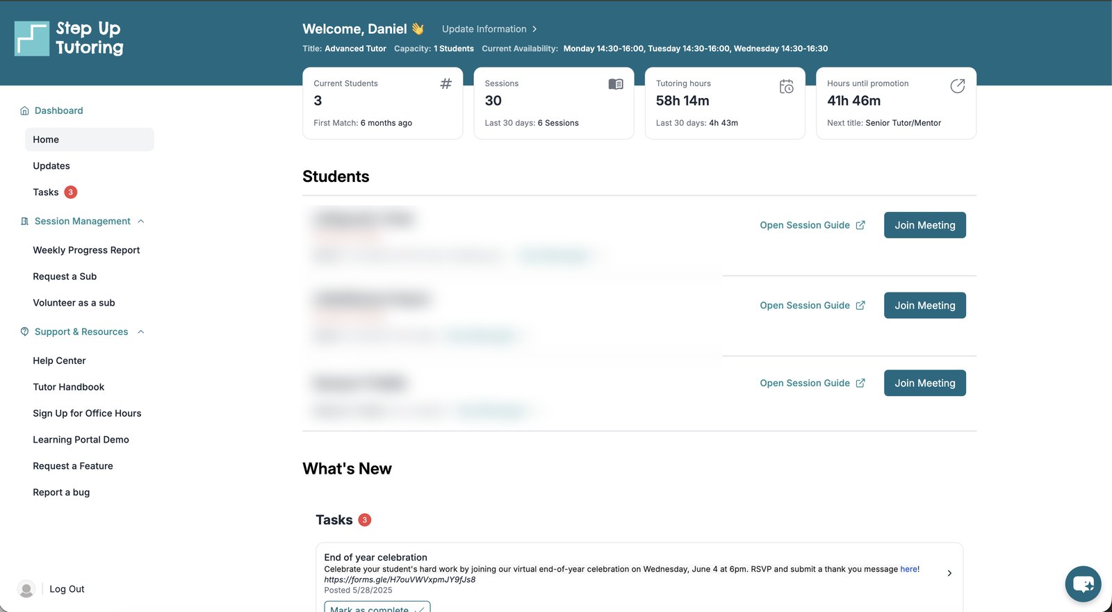 Step Up tutor portal dashboard