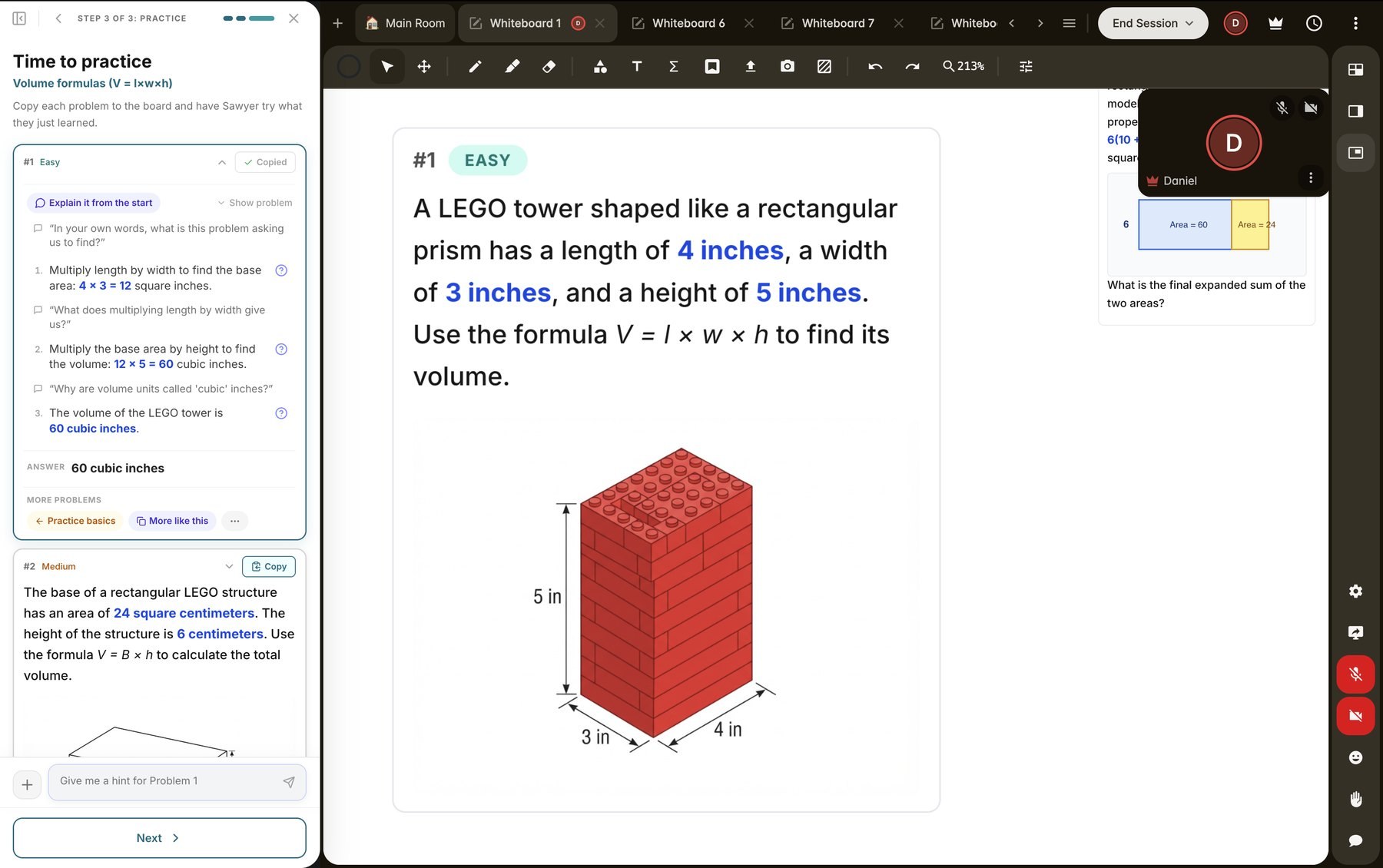 Sidekick during a live tutoring session: scaffolded practice problems beside a shared whiteboard